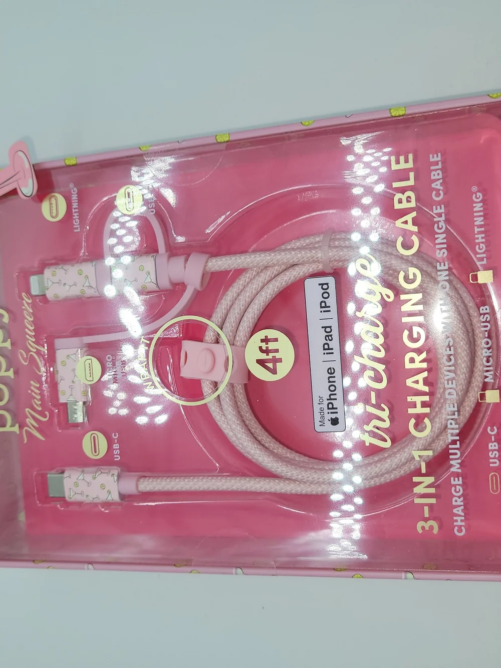 XO Popp Margarita Main Squeeze Pink 3-in-1 Charging Cable - 4ft